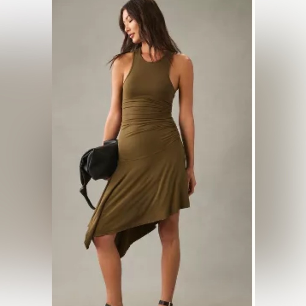 Daily Practice by Anthropologie Sleeveless Side-Ruched Dress Olive Green XS